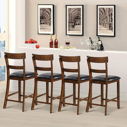 COSTWAY Counter Height Bar Stools Set of 2, 25.5 Inch Mid Century Modern Wooden High-top Chairs with Backrest, Rubber Wood Legs, Faux Leather Seat, Farmhouse Barstools for Kitchen Island, Pubs
