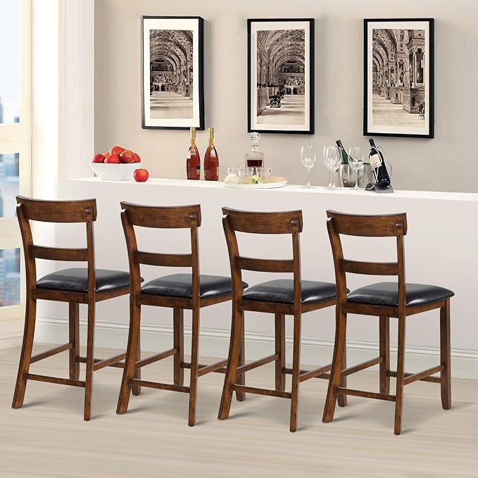COSTWAY Counter Height Bar Stools Set of 4, 25.5 Inch Mid Century Modern Wooden High-top Chairs with Backrest, Rubber Wood Legs, Faux Leather Seat, Farmhouse Barstools for Kitchen Island, Pubs