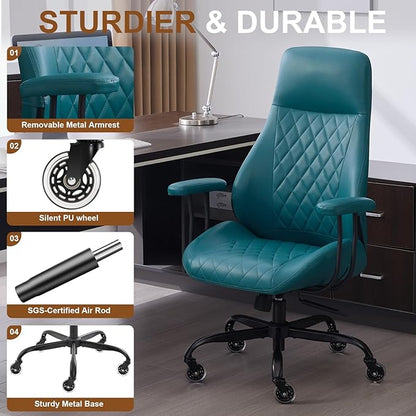 Home Office Desk Chair, Ergonomic High Back Leather Computer Chair with Lumbar Support, Adjustable Height & Recline, Swivel Executive Office Chair with Armrests and Rubber Casters, Green