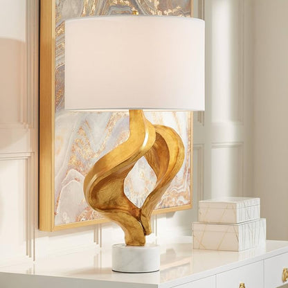 Possini Euro Design Hera Modern Glam Luxury Table Lamp Decor 31" Tall Sculptural Gold Leaf White Fabric Drum Shade Marble Base for Living Room Bedroom House Bedside Nightstand Home Office Entryway