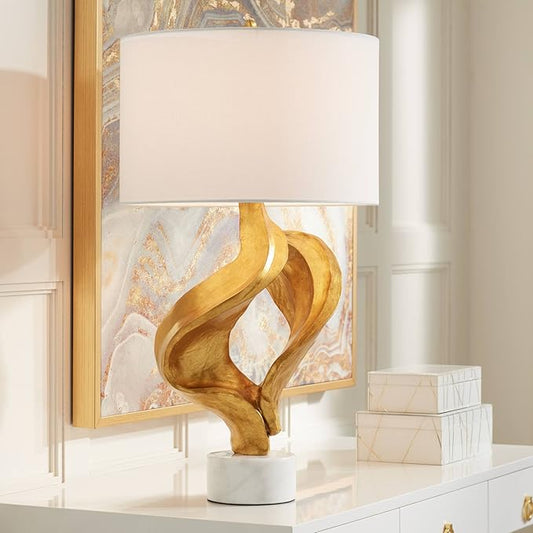 Possini Euro Design Hera Modern Glam Luxury Table Lamp Decor 31" Tall Sculptural Gold Leaf White Fabric Drum Shade Marble Base for Living Room Bedroom House Bedside Nightstand Home Office Entryway