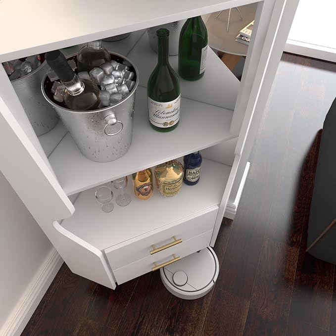 YUNKE Novelty Wooden Cabinet, White Corner Table with 2 Open Shelves and 2 Drawers, Commonly Used in Living Room, Home Office, Study Room and Dinning Room