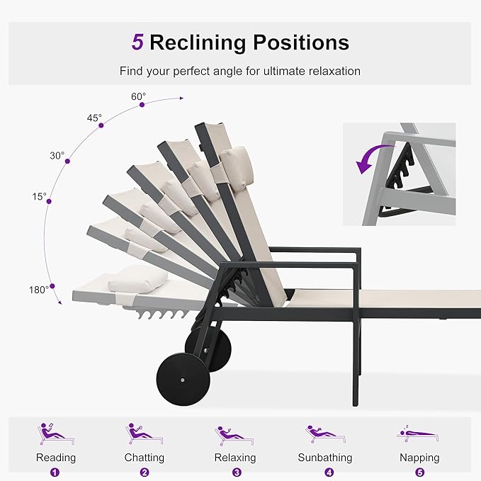 PURPLE LEAF Patio Lounge Chair Set of 3 Outdoor Chaise Lounger Aluminum Frame with Armrest Side Table and Wheels for Pool Outside Sunbathing Tanning Recliner Including Pillows Beige