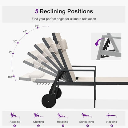 PURPLE LEAF Patio Lounge Chair Set of 3 Outdoor Chaise Lounger Aluminum Frame with Armrest Side Table and Wheels for Pool Outside Sunbathing Tanning Recliner Including Pillows Beige