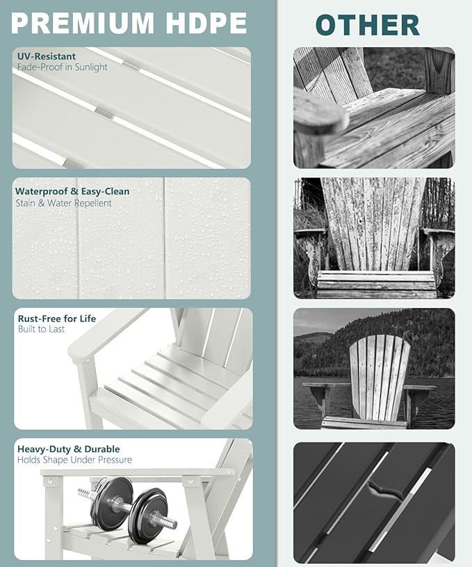 Adirondack Chair Set of 6, All Weather HDPE Fire Pit Chairs, Oversized Plastic Adirondack Chair for Outdoor, Balcony, Deck, Backyard, Patio, Garden, Poolside, Lawn White