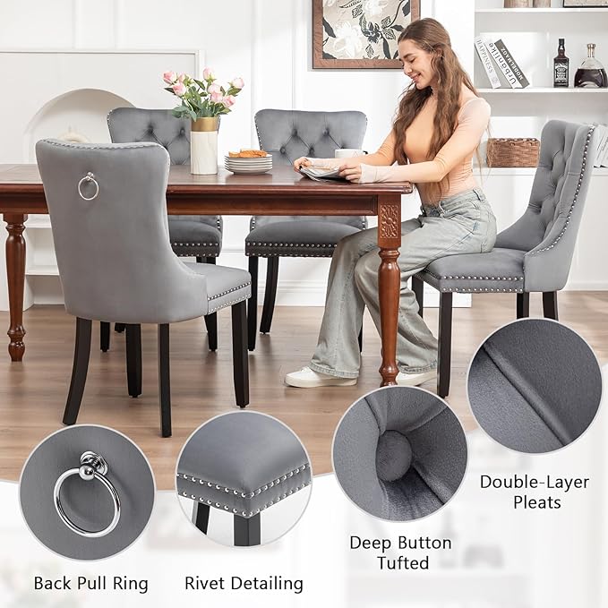 Velvet Dining Chairs Set of 4, Upholstered Dining Room Chairs with Nailhead Ring Pull Trim, Button Tufted Wing Back Chairs for Dining with Solid Wood Legs for Kitchen Dining Room(Grey)