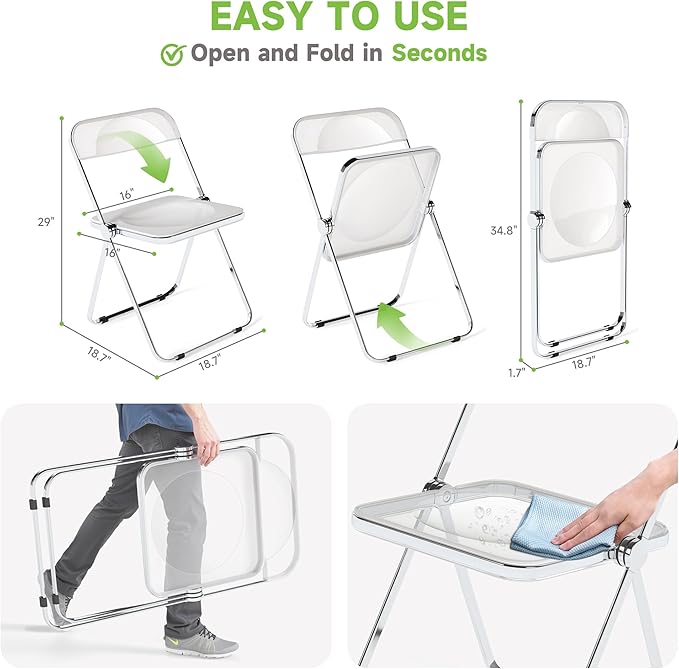 Real Relax Acrylic Folding Chairs,Foldable & Stackable Clear Chairs with Metal Chrome Frame, Indoor and Outdoor, for Home, Office, Party & Events,Set of 4,350LB,Transparent