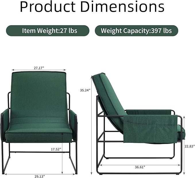 FLEXISPOT Accent Chair for Living Room,Arm Chair for Bedroom,with Wide Large Plus Size Cushion,Metal Frame,Reading Bedroom Chair Armchair for Home/Office/Cafe/Apartment/Waiting Room,Green