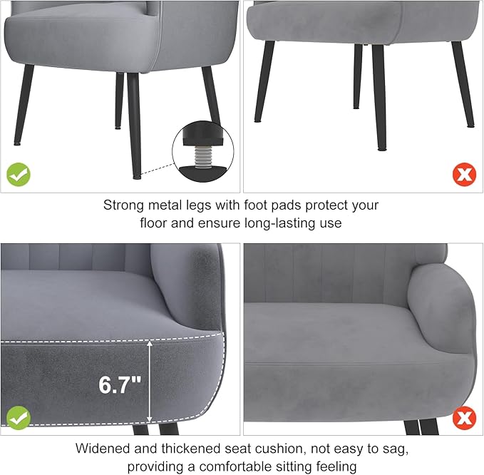 Velvet Accent Chair, Upholstered Modern Leisure Single Sofa Side Chair, Comfy Tufted Back Armchair with Metal Legs for Living Room/Bedroom/Office/Reading Room, Grey