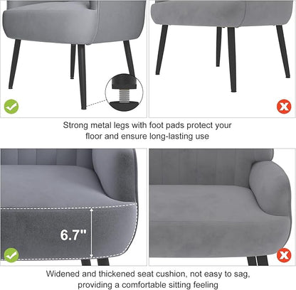 Velvet Accent Chair, Upholstered Modern Leisure Single Sofa Side Chair, Comfy Tufted Back Armchair with Metal Legs for Living Room/Bedroom/Office/Reading Room, Grey