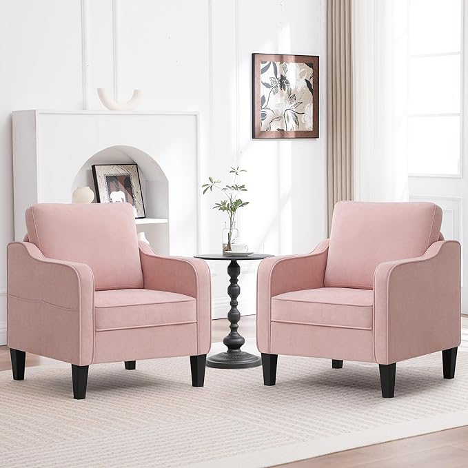 Accent Chairs Set of 2, Upholstered Living Room Chair with Side Pockets, Mid Century Modern Reading Chair for Bedroom, Comfy Armchair Single Sofa Side Chair for Office, Small Room, Pink
