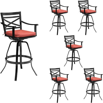 Pellebant 30" Sunbrella Outdoor Bar Stools Set of 6, Aluminum Swivel Patio Bar Height Bar Stools with Back & Footrest, for Deck Lawn Garden(Red)