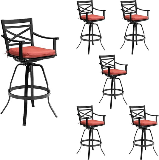 Pellebant 30" Sunbrella Outdoor Bar Stools Set of 6, Aluminum Swivel Patio Bar Height Bar Stools with Back & Footrest, for Deck Lawn Garden(Red)