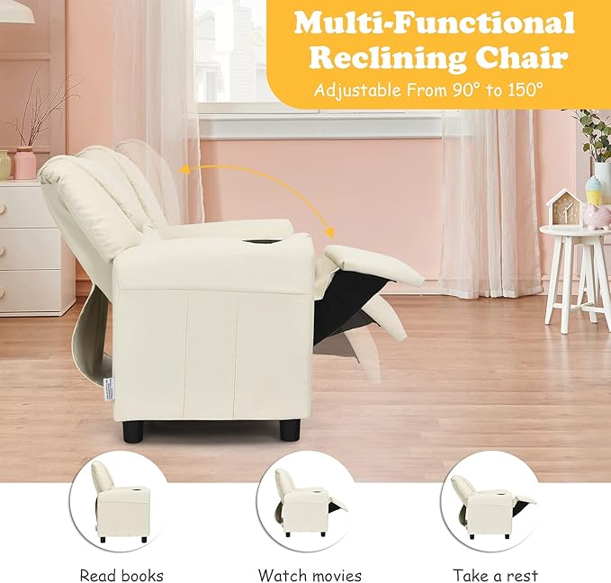 Costzon Kids Recliner Chair with Cup Holder, Toddler Furniture Children Armrest Sofa w/Headrest & Footrest for Girls Boys Baby Bedroom, Kids Room, PU Leather Kids Recliner Couch (Beige)