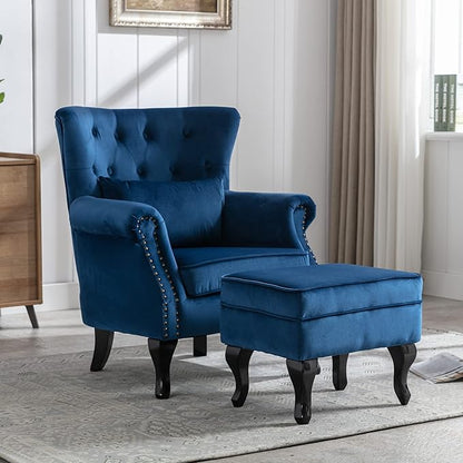 chairus Mid-Century Modern Accent Chairs with Ottoman Set of 2, Comfy Velvet Single Sofa Chair Button Tufted Wingback Armchairs with Pillow for Living Room/Bedroom/Club - Blue