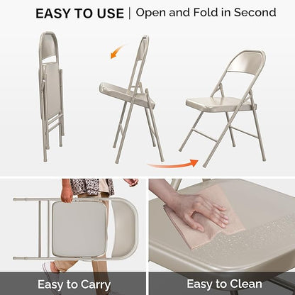 VINGLI Folding Chairs All Steel Metal Frame, Capacity 350 lbs, Durable Portable and Versatile for Indoor Outdoor Use, Khaki, Set of 8