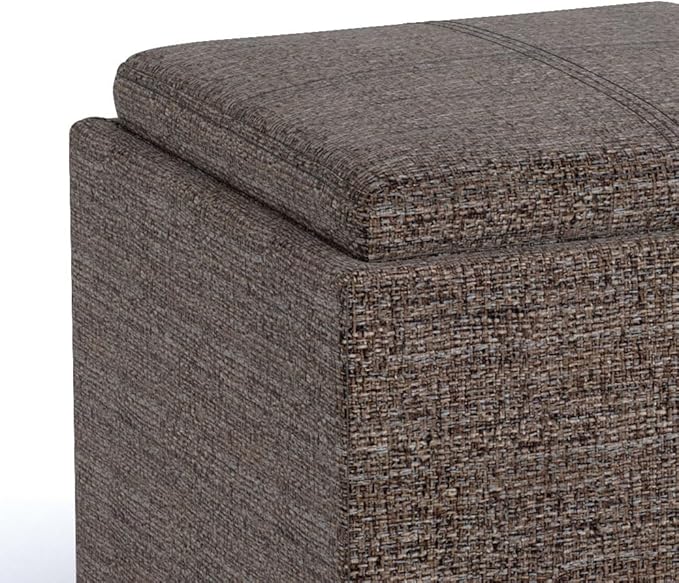 SIMPLIHOME Rockwood 18 inch Wide Contemporary Square Cube Storage Ottoman with Tray in Mink Brown Tweed Look Fabric, Assembled, For the Living Room, Entryway and Family Room