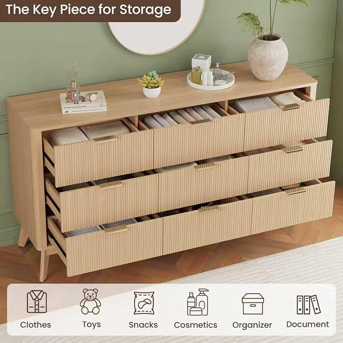 Fluted Dresser for Bedroom,59'' Modern Wooden Dresser with 9 Drawers, Bedroom Dressers, Natural Wood Chest of Drawers for Living Room, Hallway (Oak)