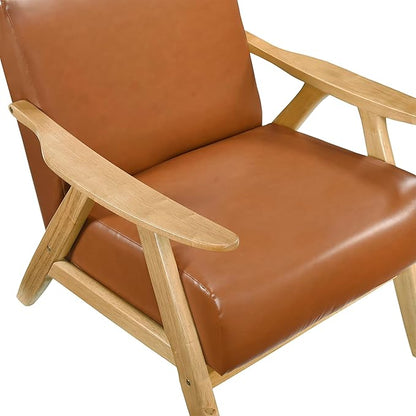 Lexicon Mid Century Modern Accent Chair with Solid Wood Frame in Natural Finish, Faux Leather Living Room Lounge Arm Chair, Thick and Comfy Innerspring Seat Cushion, Brown