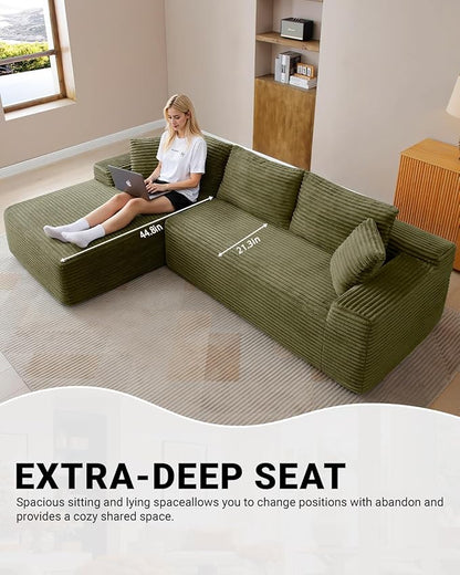 95 Inch Cloud Sectional Couch,Modular Sectional Sofa with Deep Seat,Modern Corduroy Boneless Couches with L-Shape Chaise for Living Room Bedroom,No Assembly Required (Green, Left Facing Chaise)