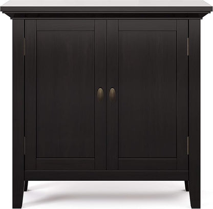 SIMPLIHOME Redmond SOLID WOOD 32 inch Wide Transitional Low Storage Cabinet in Hickory Brown for the Living Room, Entryway and Family Room