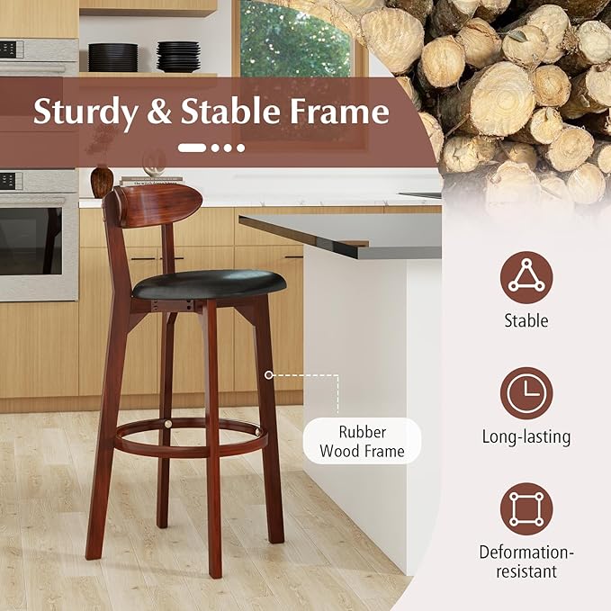 COSTWAY Bar Stool Set of 2, 30.5'' Bar Height Barstools w/Curved Backrest, Faux Leather Cushion & Rubber Wood Frame, Mid Century Modern Island Chairs for Kitchen Bar Cafe, Walnut