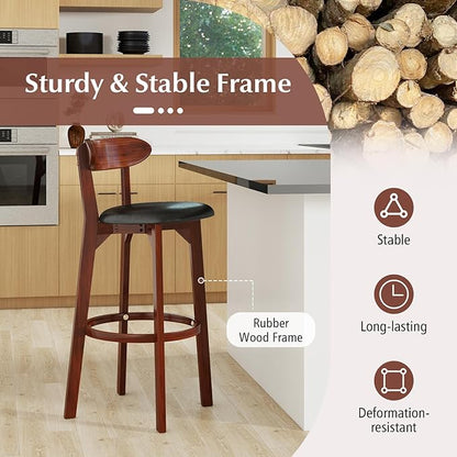 COSTWAY Bar Stool Set of 2, 30.5'' Bar Height Barstools w/Curved Backrest, Faux Leather Cushion & Rubber Wood Frame, Mid Century Modern Island Chairs for Kitchen Bar Cafe, Walnut