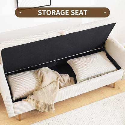 Furnimart 2-Seater Storage Loveseat Sofa for Small Spaces, 62“ Corduroy Small Couch with Removable Cushion Cover and Gold Leg for Bedroom, Apartment, Tiny Homes and Lofts, Beige