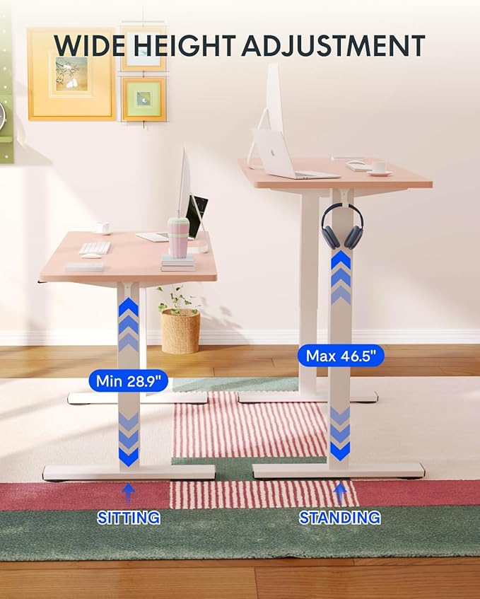 FLEXISPOT EN1 Pink Standing Desk 48"x24" White Frame, One-Piece Electric Height Adjustable Desk for Women — Ideal for Home Office, Study, or Beauty Space, Smooth Lift & Easy Assembly