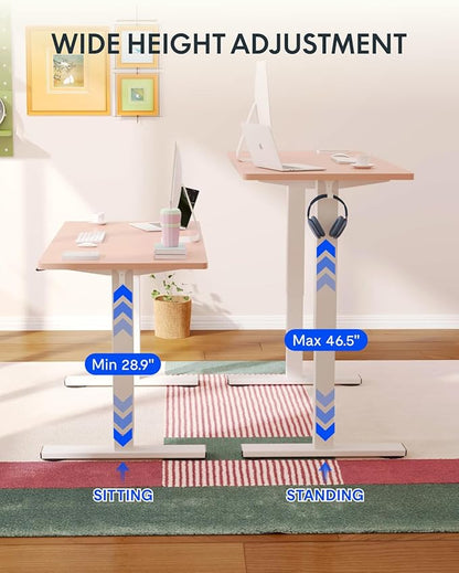 FLEXISPOT EN1 Pink Standing Desk 48"x24" White Frame, One-Piece Electric Height Adjustable Desk for Women — Ideal for Home Office, Study, or Beauty Space, Smooth Lift & Easy Assembly