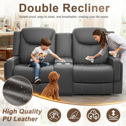 Loveseat Recliner Sofa, Gray PU Leather Double Recliner Loveseat with Console, Cup Holders, Storage & USB Ports, Ergonomics， Manual Reclining Sofa Couch for Living Room, RV