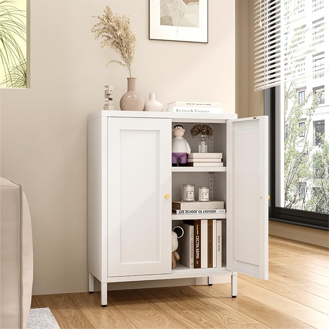 Metal Bathroom Cabinet, Small Floor Storage Cabinet, Freestanding Sideboard with 2 Adjustable Shelves for Living Room, Dinging Room (White, 31.5" H-2 Doors)