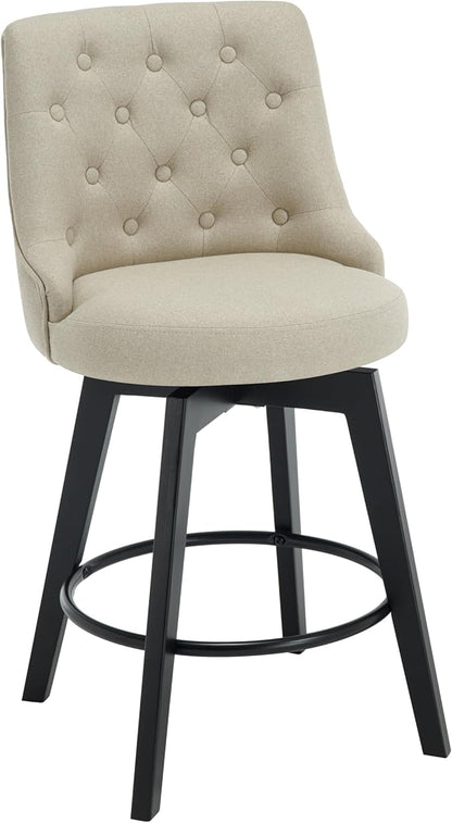 MINCETA Set of 4 Upholstered Bar Stools - 26 Inch Swivel Counter Height Stools with Low Tufted Back, Footrest & Performance Fabric - Khaki Round Seat for Kitchen Island & Home Bar