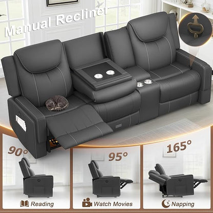 Recliner Sofa, 2 - Way Multi - Function Manual 3 Seater Couch with Cup Holders, Storage & USB Ports, Modern Multifunctional Sofa, Breathable Grey PU Leather Reclining Couch for Living Room