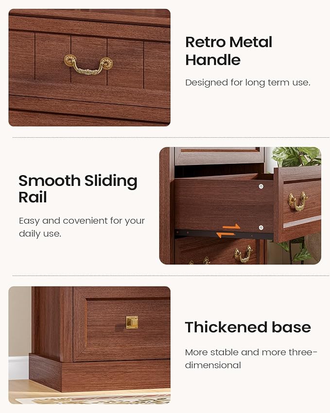 AOGLLATI Farmhouse 5 Drawers Dresser for Bedroom, 48” Tall Wood Rustic Chest of Drawers with Natural Texture, Vintage Design, Black Storage Dresser for Bedroom,Oak Brown