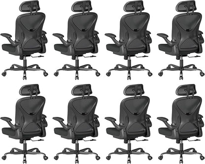 ZZH Ergonomic Office Chair Set of 8 with Adjustable Lumbar Support and Headrest, Mesh Home Office Desk Chair with Wheels and Flip-up Arms, Black