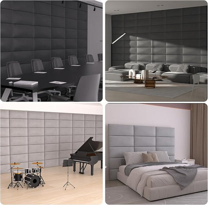Upholstered Wall Mounted Headboard, 3D Soundproof Wall Panels Peel and Stick Headboard for Queen Size, Tufted, Light Grey (9 Panels, 10" x 24")
