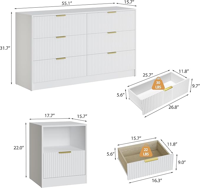 3-Piece Modern Bedroom Furniture Set, Wide 6-Drawer Dresser & 1-Drawer Nightstands Set of 2, Natural Wood Dresser and Nightstand Sets for Bedroom, Hallway, White
