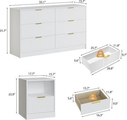 3-Piece Modern Bedroom Furniture Set, Wide 6-Drawer Dresser & 1-Drawer Nightstands Set of 2, Natural Wood Dresser and Nightstand Sets for Bedroom, Hallway, White