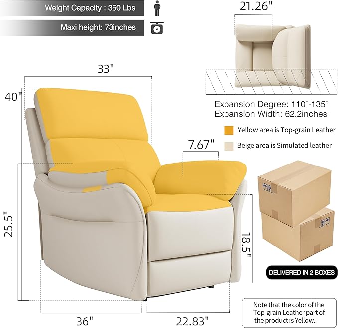 AIRSKY Genuine Leather Recliner Chair, Top Grain Leather, Italian Water-Washing Process, Lazy boy Recliner Chair, for Living Room, Theater Seating, Bedroom. R1, Beige