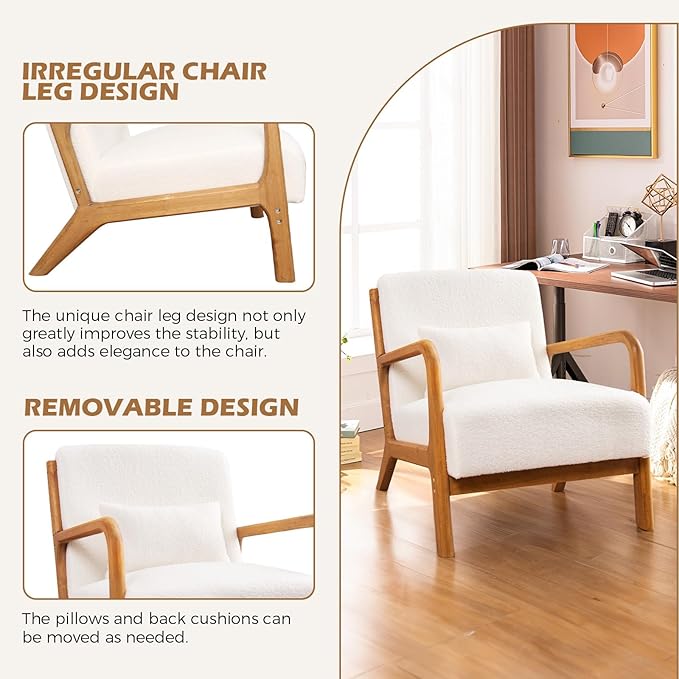 Accent Chair Mid Century Modern Chair Sherpa Fabric Living Room Chairs with Solid Wood Frame Comfy Upholstered and Lumbar Pillow Reading Side Chair Easy Assembly for Bedroom (2, White)