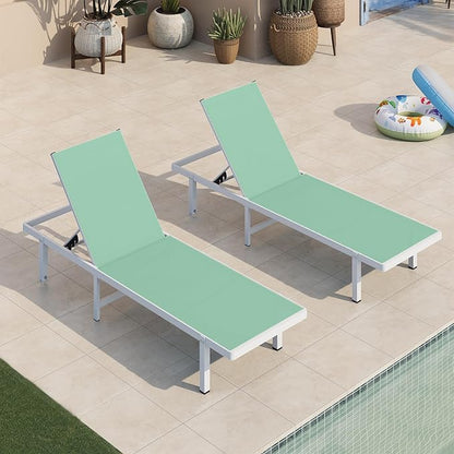 Pool Lounge Chairs, Chaise Lounge Outdoor with Wheels and 5-Position Recliner -Easy to Move- Aluminum Patio Lounge Chair for Poolside, Deck (LightGreen)