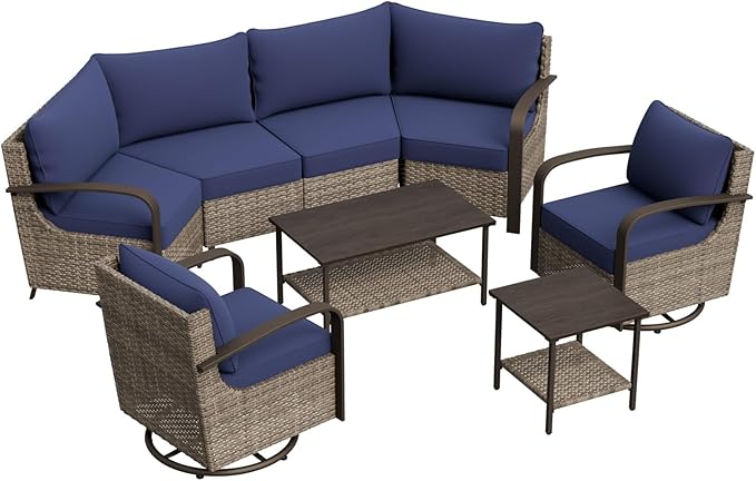 COOS BAY Aurora Terrace Half-Moon Outdoor Furniture Set, Rattan Conversation Set with Swivel Rockers, Curved 4-Seat Sofa, Coffee Table & Side Table, Seats 6, Beige/Blue