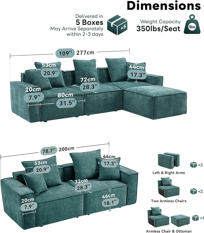 WILLOVE Modular Sectional Sofa Set, Chenille Cloud Couch with Wide Armrests & 8 Pillows, Deep Seat Couches for Living Room, 6-Seater Green