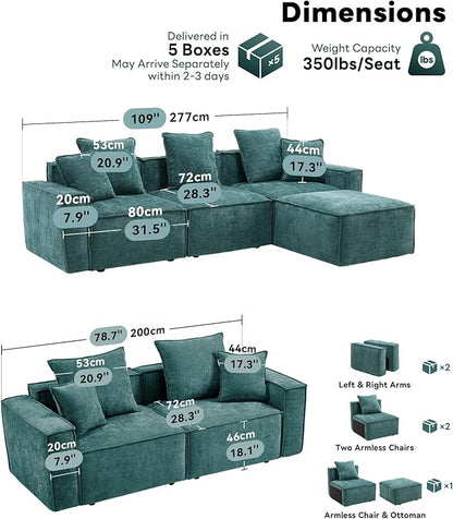 WILLOVE Modular Sectional Sofa Set, Chenille Cloud Couch with Wide Armrests & 8 Pillows, Deep Seat Couches for Living Room, 6-Seater Green