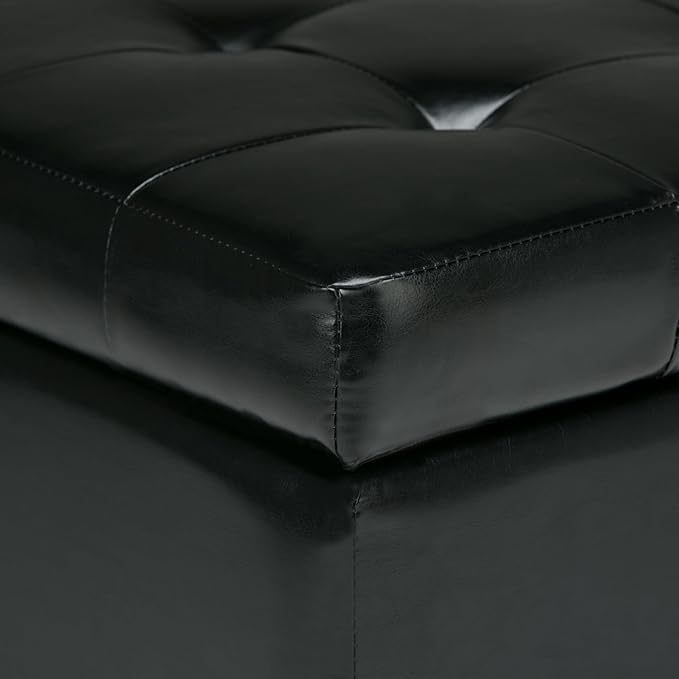 SIMPLIHOME Cosmopolitan 34 inch Wide Transitional Rectangle Storage Ottoman in Midnight Black Vegan Faux Leather, Assembled, For the Living Room, Entryway and Family Room