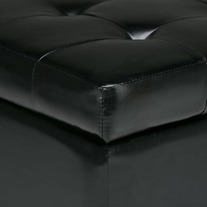 SIMPLIHOME Cosmopolitan 34 inch Wide Transitional Rectangle Storage Ottoman in Midnight Black Vegan Faux Leather, Assembled, For the Living Room, Entryway and Family Room