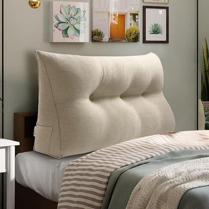WOWMAX Wedge Pillow Headboard Dorm Headboard Twin XL Bed Bolster Pillow for Bed with Removable Cover, 85% Linen 15% Cotton Blend, Natural Color