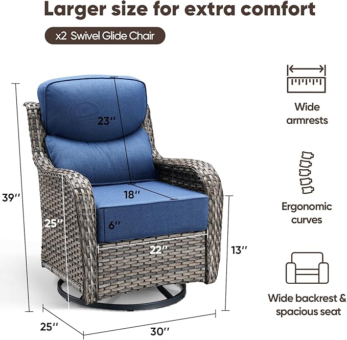 Swivel Patio Chairs Set of 2, High Back Comfortable Outdoor Glider Chairs, 6" Thick Cushion, Wicker, Gray, Blue Cushion