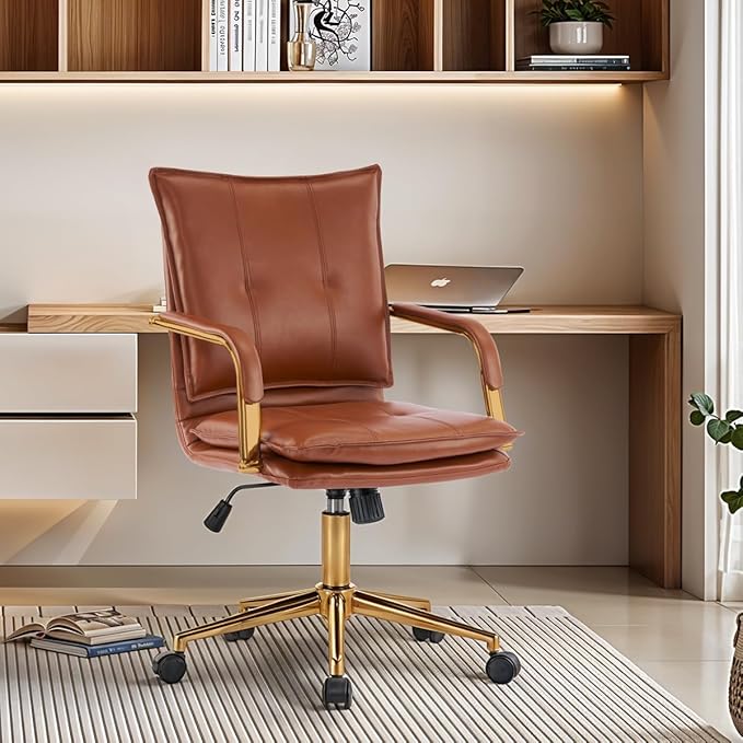 MOJAY Mid-Back Ergonomic Leather Office Chair, Modern Upholstered Executive Desk Chair with Gold Frame Armrest Computer Task Chair (Caramel)